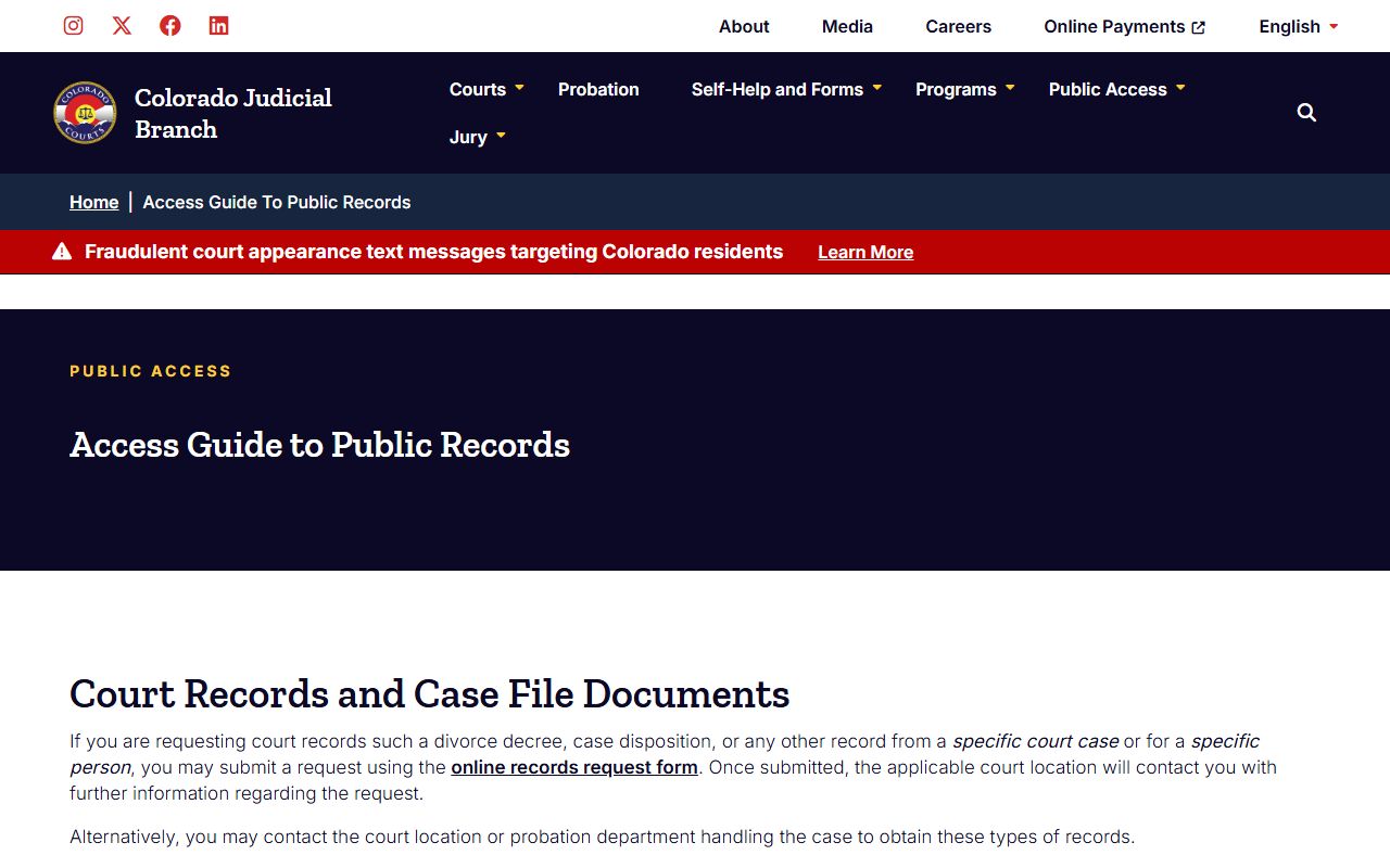 Colorado court records access guide explaining online vendors, official court requests, and limitations