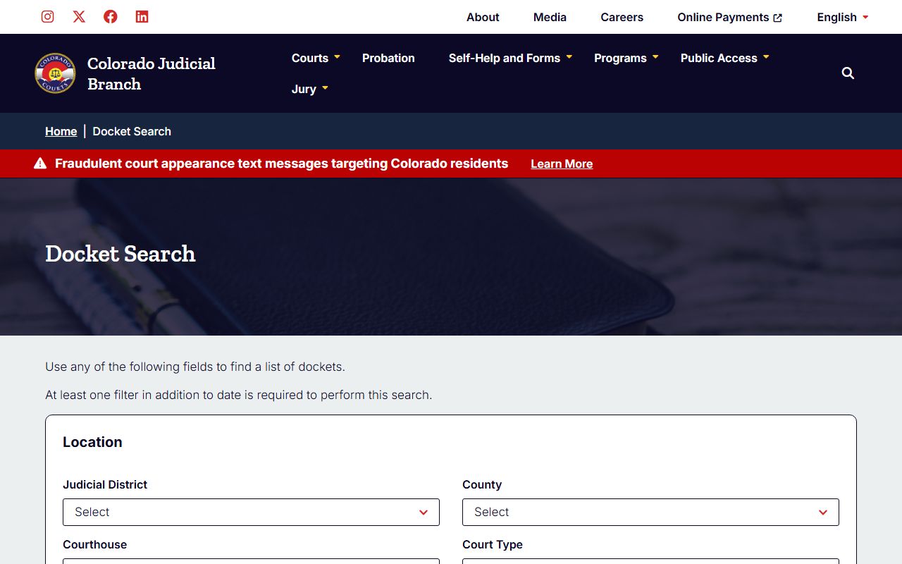 Colorado Judicial Branch docket search form with La Plata County court fields