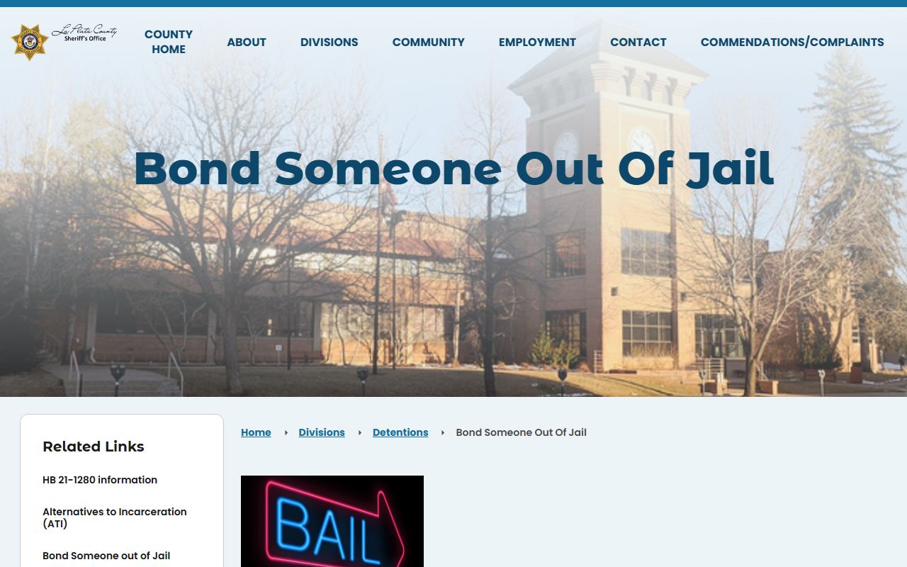 La Plata County inmate population bond information page with TouchPay and exact cash instructions