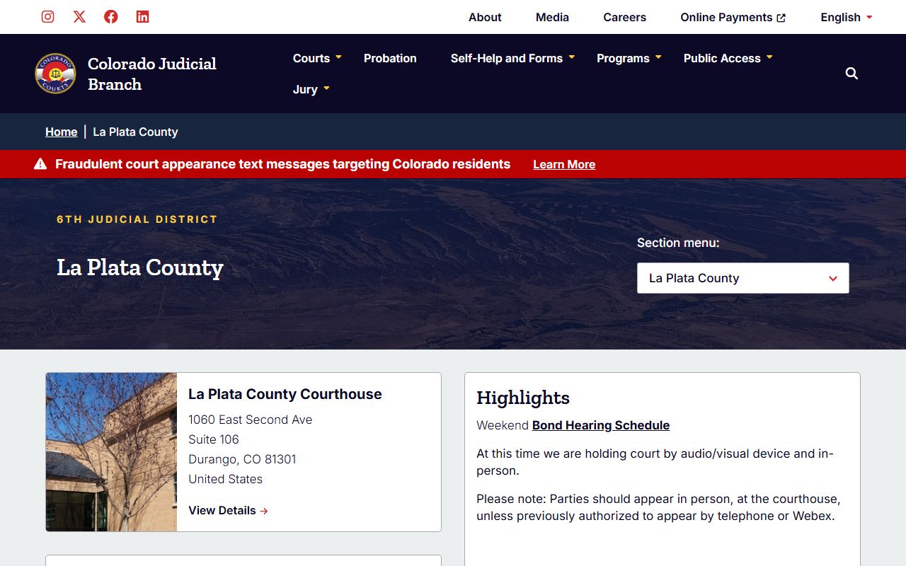 Colorado Judicial Branch La Plata County courthouse page with address and clerk hours
