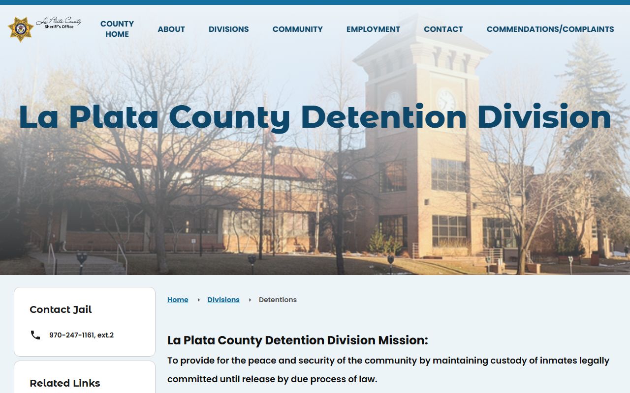 La Plata County Detention Facility detentions page with inmate custody and capacity details