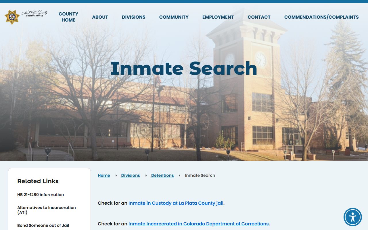 La Plata County inmate population search routing page for jail custody and outside locators