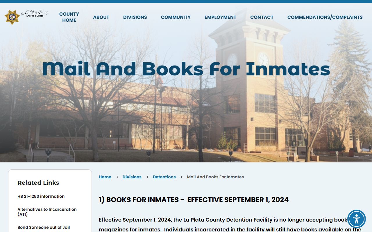 La Plata County Detention Facility mail and books rules for inmates
