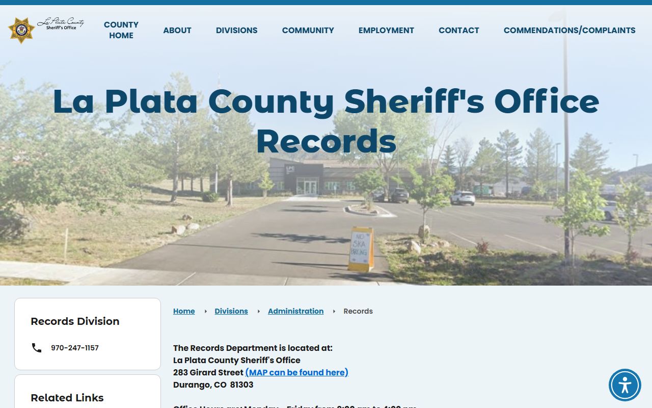 La Plata County Sheriff's Office records page with address, hours, fees, and CCJRA notice