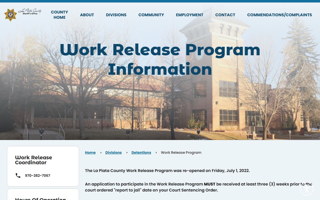 La Plata County Detention Facility work release program rules for eligible inmates