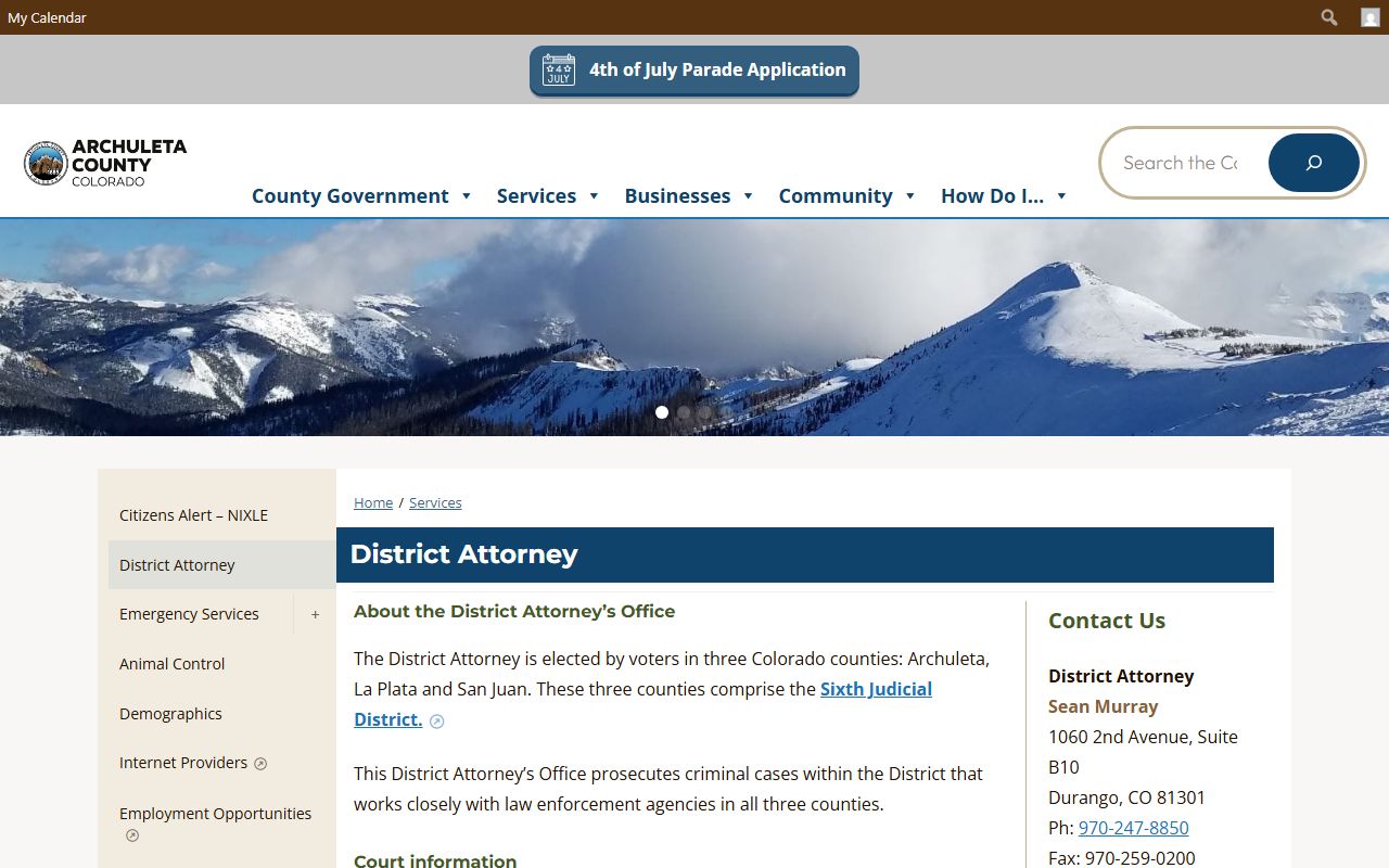 Sixth Judicial District Attorney page identifying Sean Murray and the Durango office