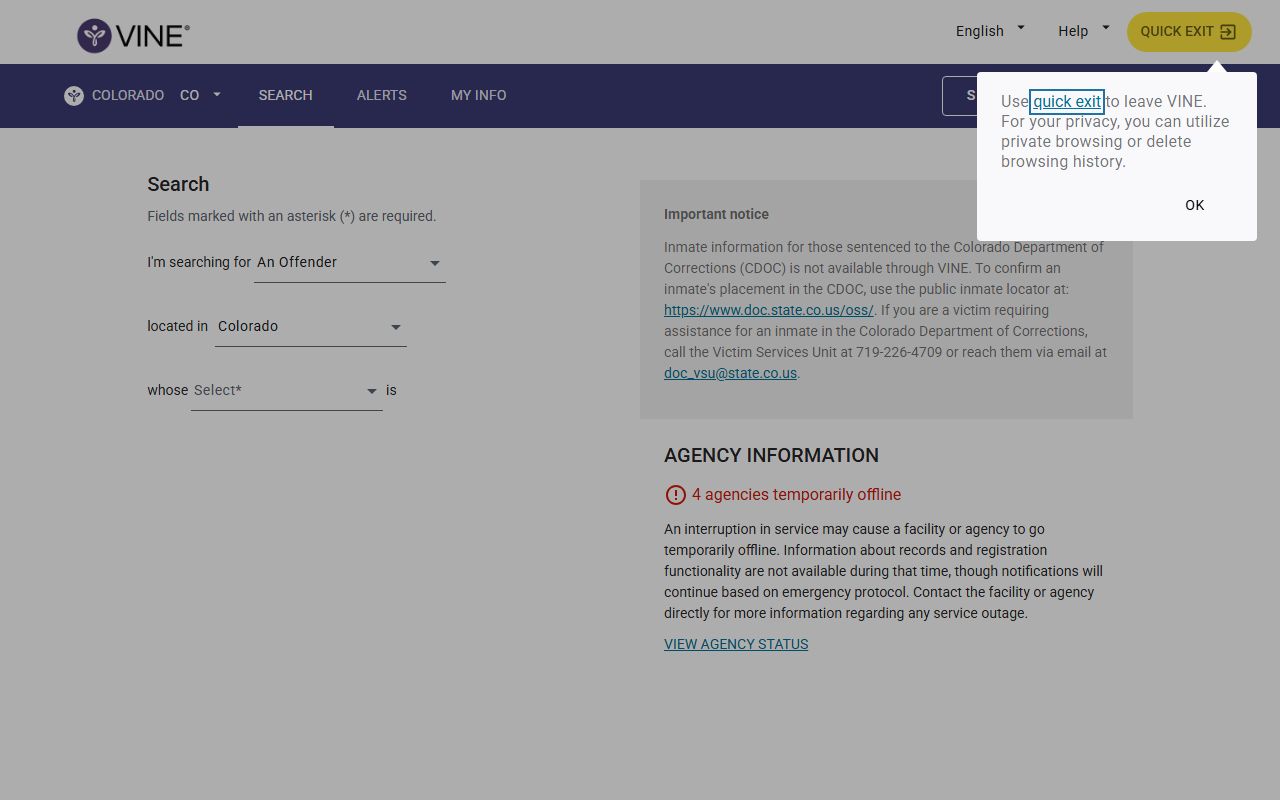 Colorado VINELink person search used for La Plata County jail custody lookup